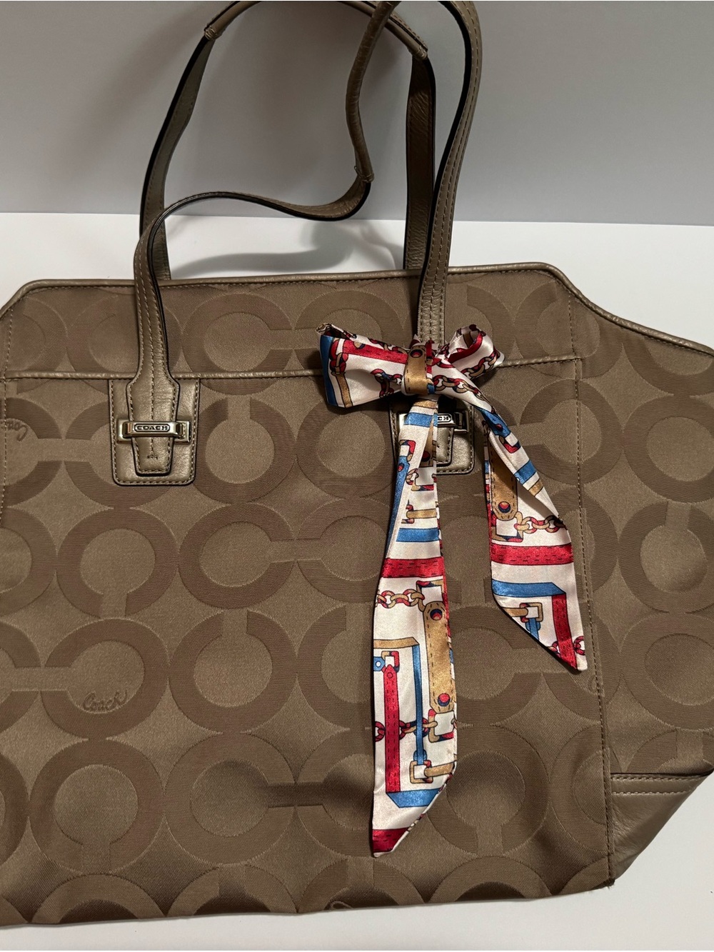 Coach Khaki Signature Tote with Multicolor Silk Scarf Accent